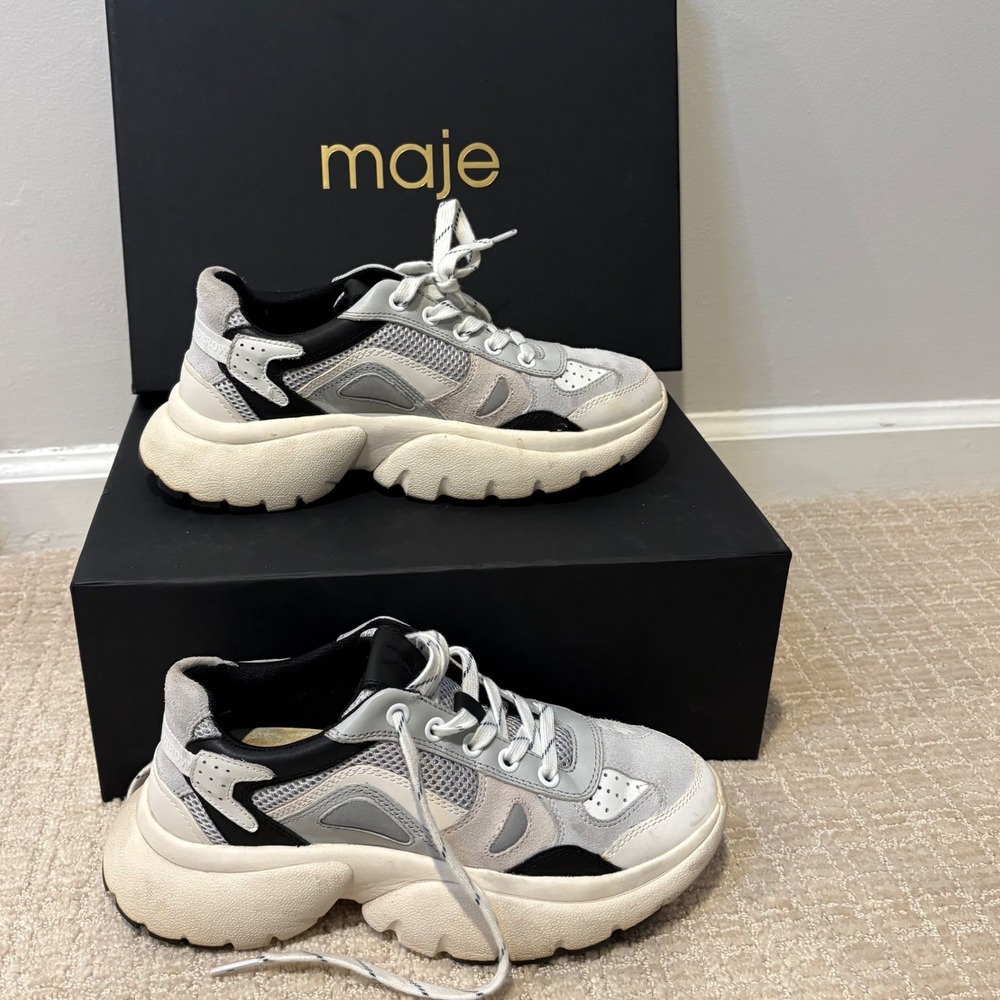 Maje Chunky Platform Sneakers Womens 36 Gray White Black Lace Up Streetwear